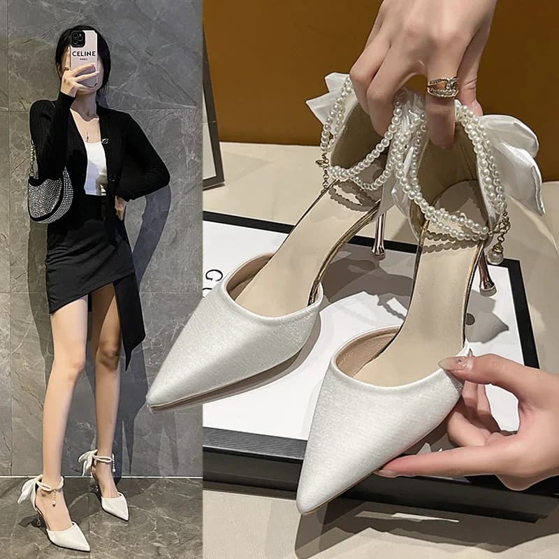 2025New Women Thin Heel Hollow Sandals Pearl Butterfly Pointed Toe High Heels Shoe Wedding Shoes