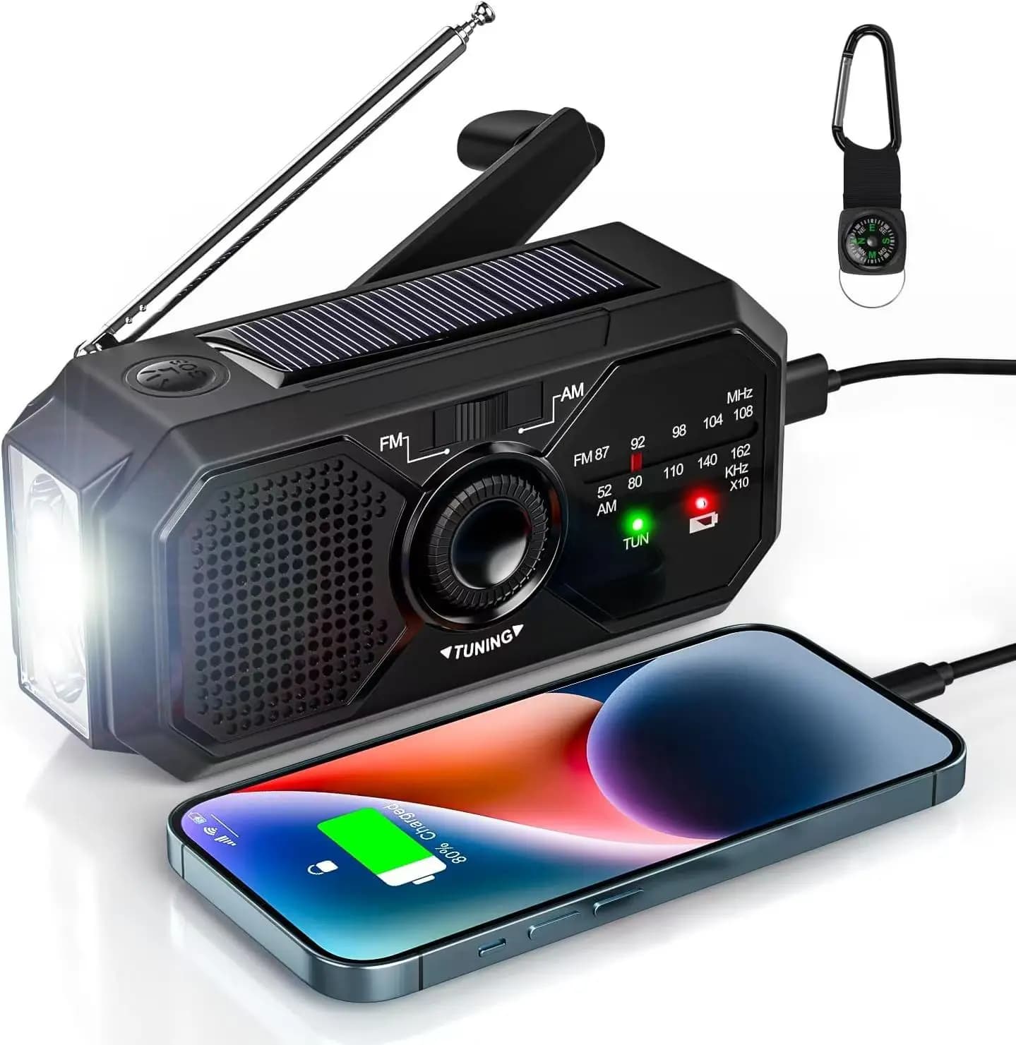 Portable solar radio, first aid radio emergency kit with crank, AM/FM dynamic radio, corporate power station, USB phone charger