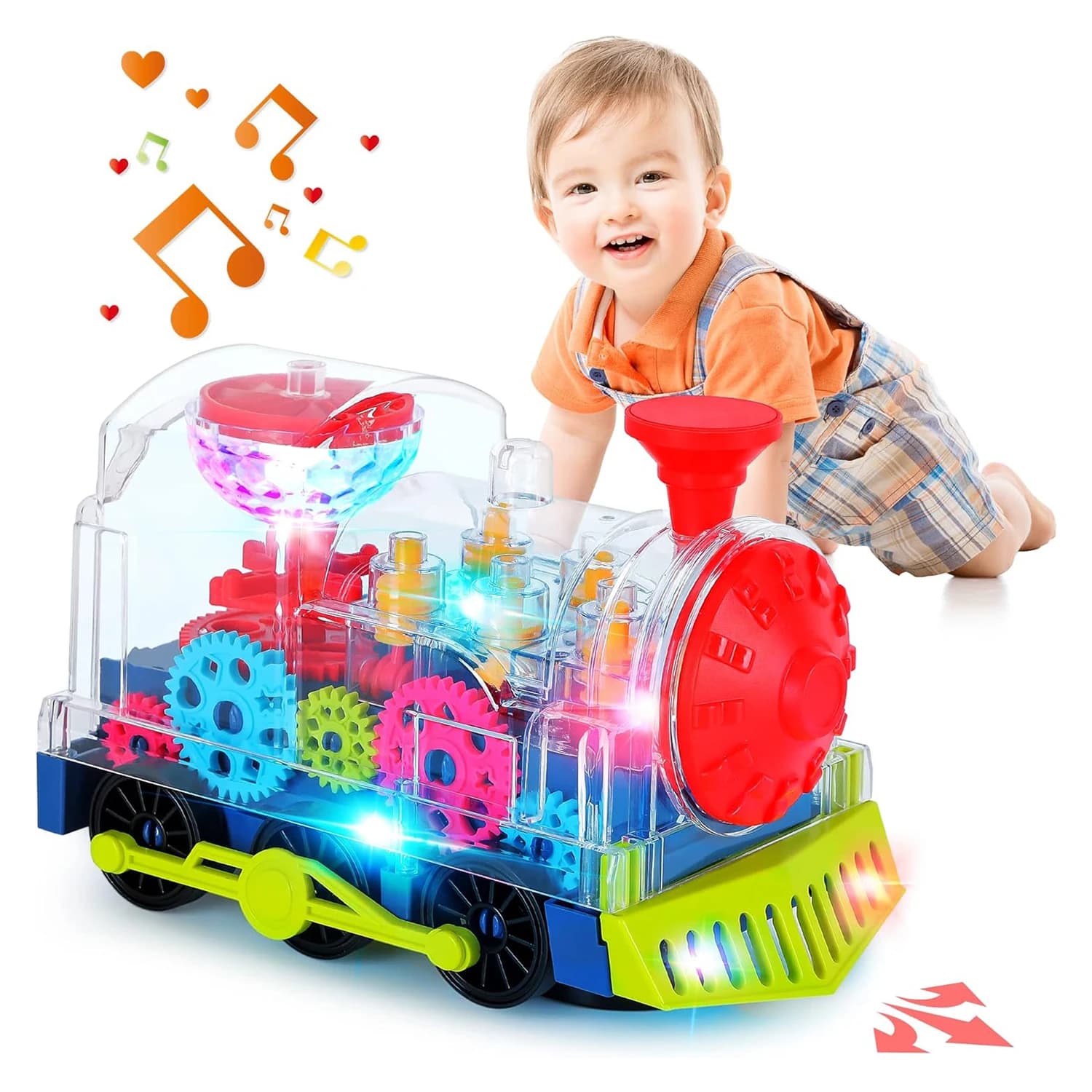 1PC treno elettrico giocattolo per bambini ingranaggio trasparente treno strisciante con luce e musica giocattoli educativi precoci treno giocattoli per bambini