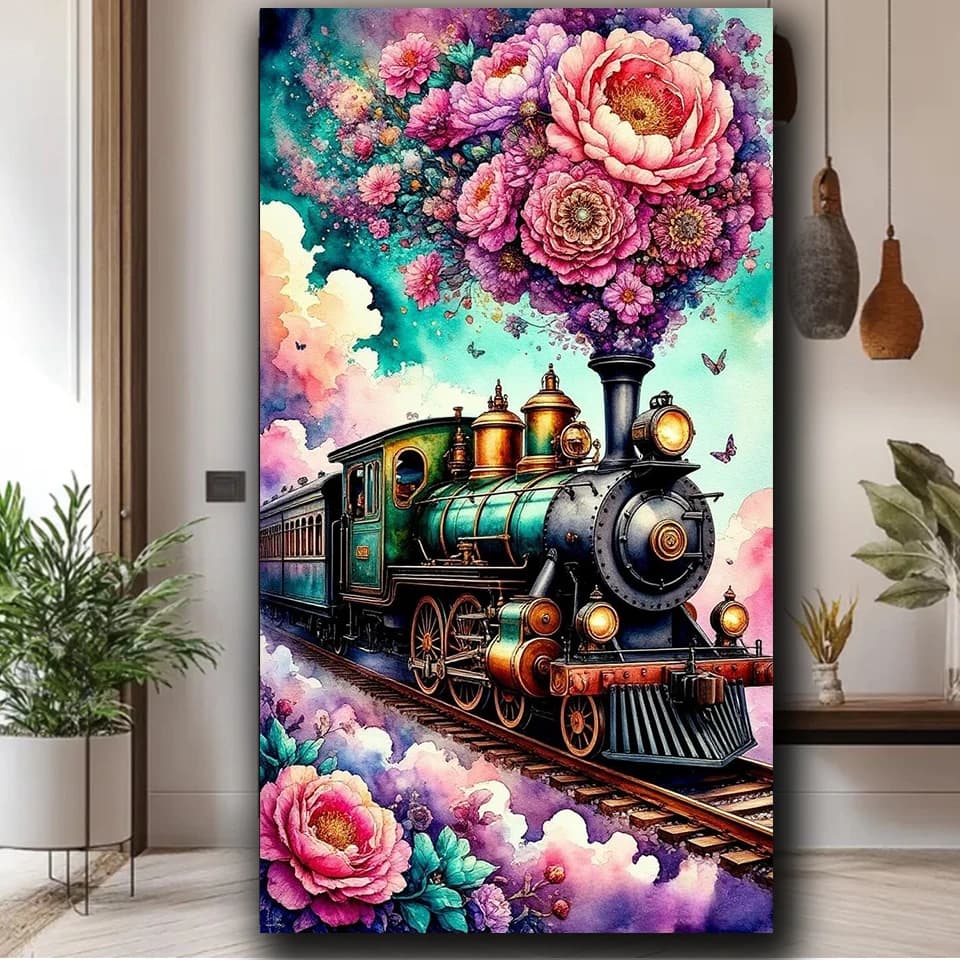 Beautiful trains in spring Diamond Art Painting - Full round Diamonds Mosaic Cross Stitch Kit for Home Decor Landscape DIY Craft