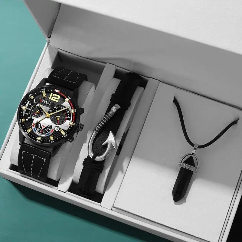 Set da 3 pezzi Orologi da uomo di moda Orologio da polso al quarzo in pelle nera di lusso Calendario Data Collana da uomo d'affari con orologio casual