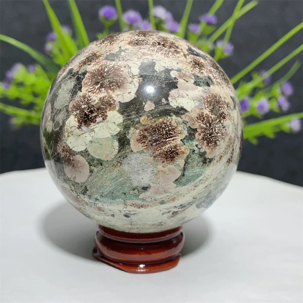 Sfera di cristallo di agata di fiori di ciliegio verde naturale campione minerale originale trattamento di meditazione spirituale esercizio di Yoga in pietra