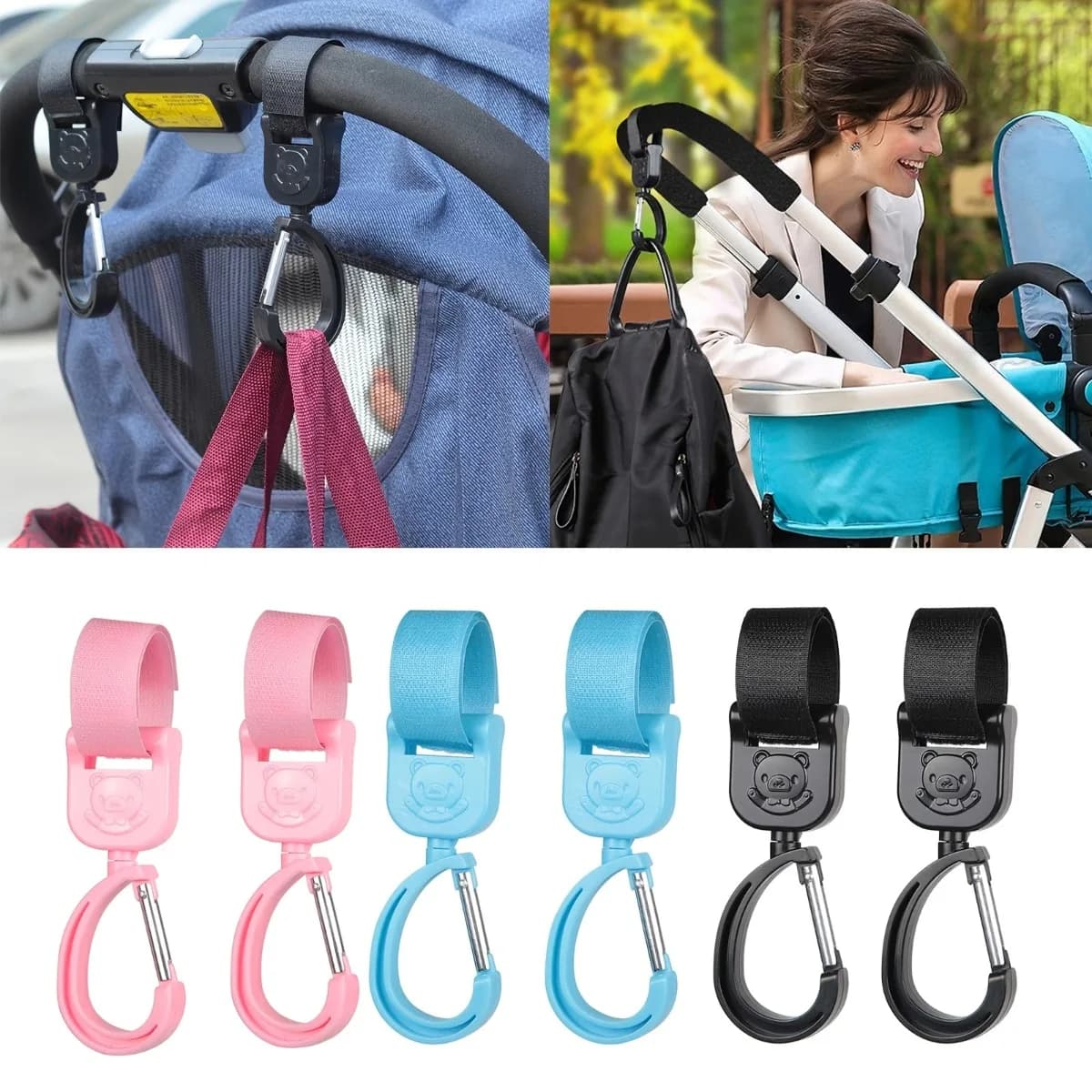 Confezione da 2: 360 ° Ganci Girevoli, Ganci Multiuso per Passeggini per Borse Fasciatoio, Portafogli e Accessori