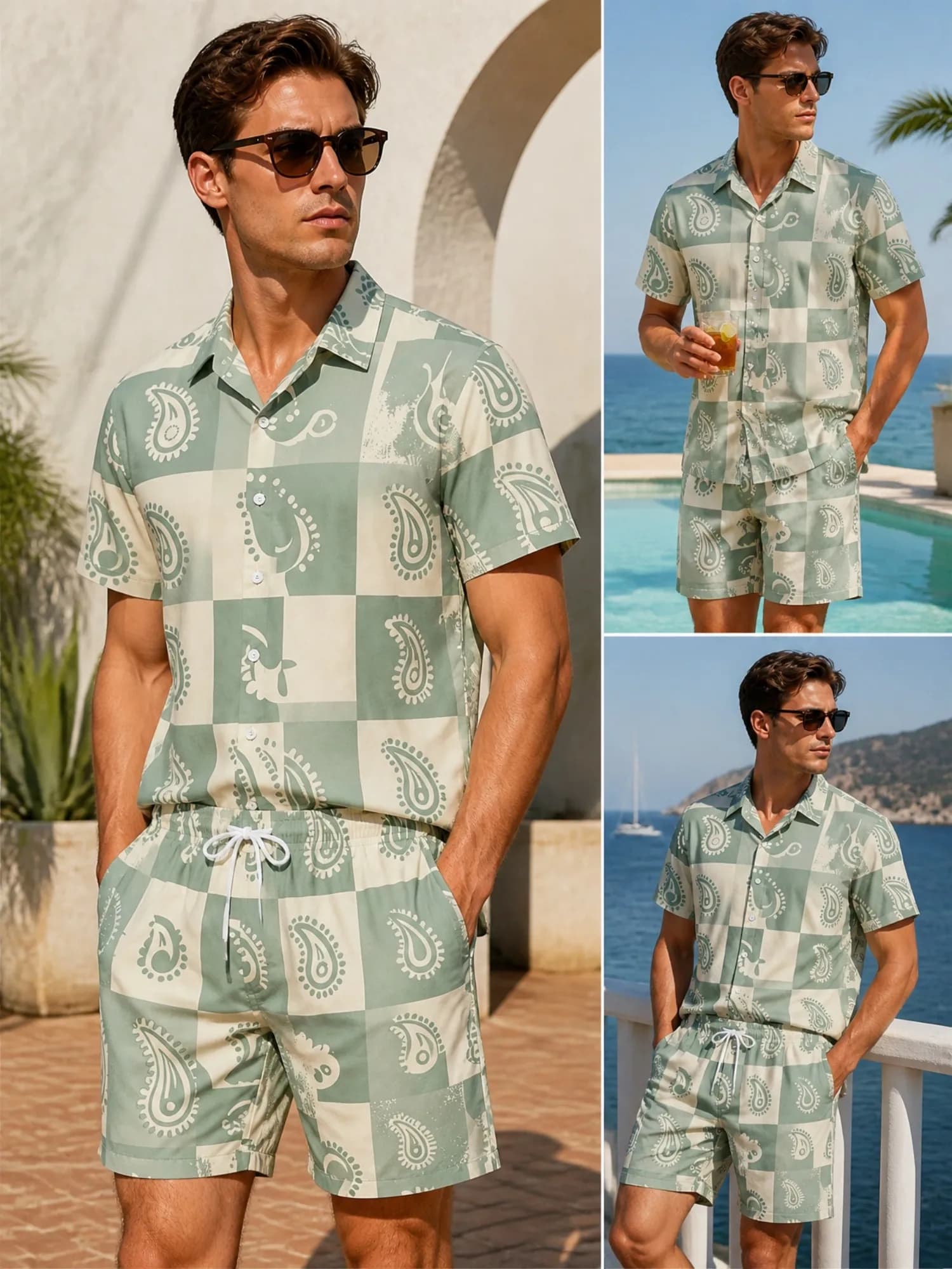 Mens Floral Short Sleeve Shirt and Drawstring Shorts Set Beach Vacation Matching Summer Two Piece Casual Resort Outfit Beachwear