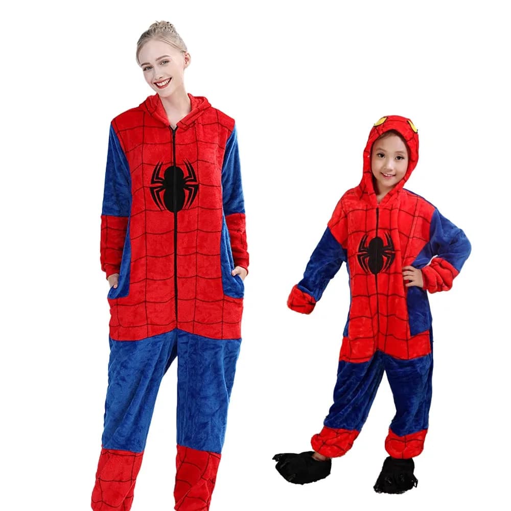 Inverno Uomo Donna Spiderman Onesies Abiti da supereroe Pigiama Costumi Cosplay Indumenti da notte caldi Mantello Tuta Costumi da festa