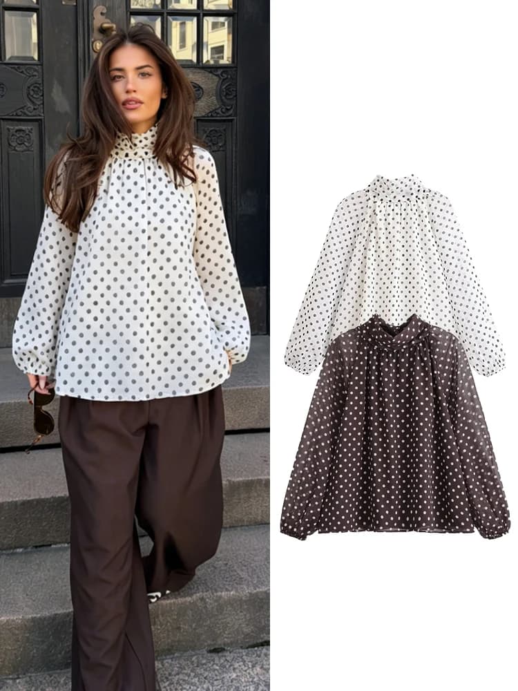 SMVP 2026 New Women Bow Lace Up Blouse Shirt Spring Summer Long Sleeve Polka Dot Loose Tops Chic Lady High Street Pullovers Tops