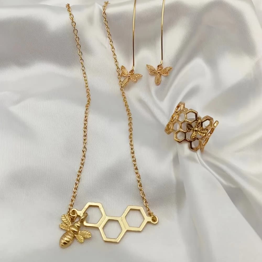Creative Gold Honeycomb Bee Earrings Open Ring Necklace Three-piece Alloy Combination Decoration