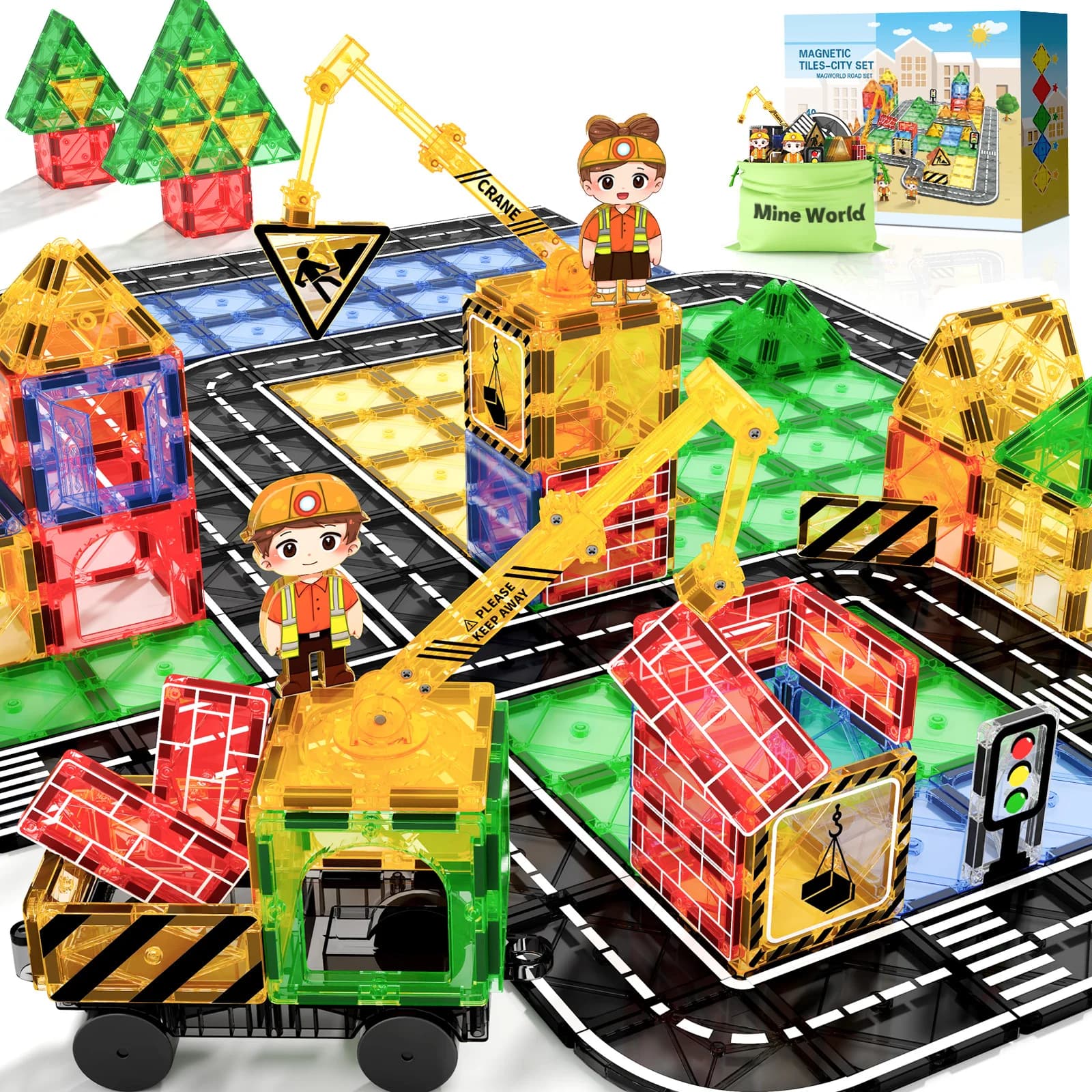 Mine World Magnetic Tiles Road Set With Magnet Crane, STEM Magnetic Tiles Building Toys for Toddler Kids, Gift for 3+ Year Old Boys and Girls