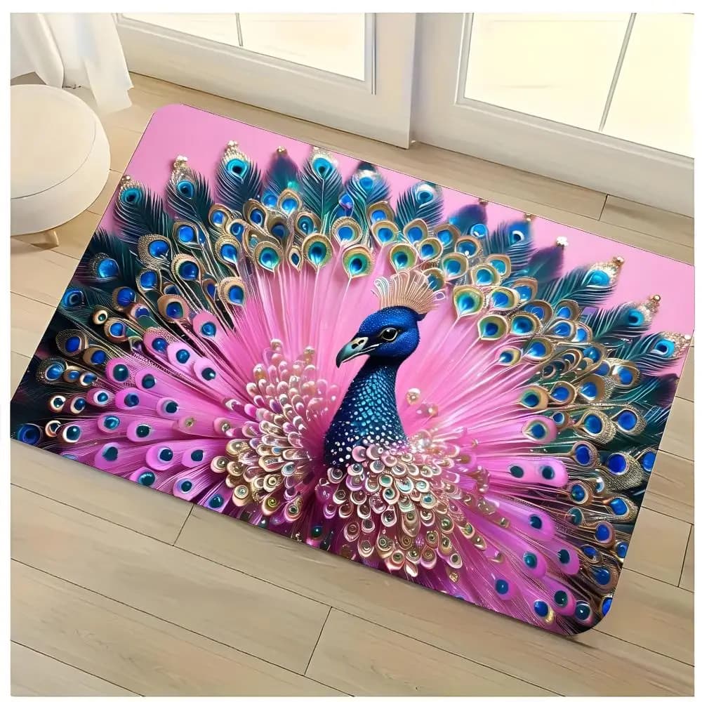Peacock Spreading Tail Floor Mat Washable Absorbent Flannel Door Mat Non-Slip Indoor Floor Rug