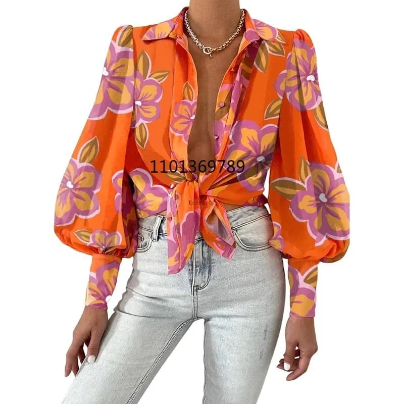Camicette Estive da Donna Eleganti Casual 2026 Y2K a Maniche Lunghe con Bottoni Scollo a V Stile Boho Top Primaverili Abbigliamento Moda Bluse