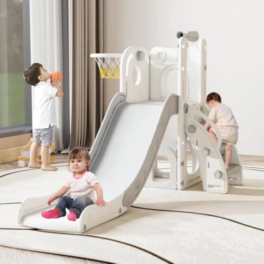 Set Giochi 6 in 1 per Bambini - Divertimento per Interni ed Esterni da 1 a 3 Anni, Include Canestro da Basket, Telescopio, Vano Portaoggetti e Struttura di Arrampicata Sicura