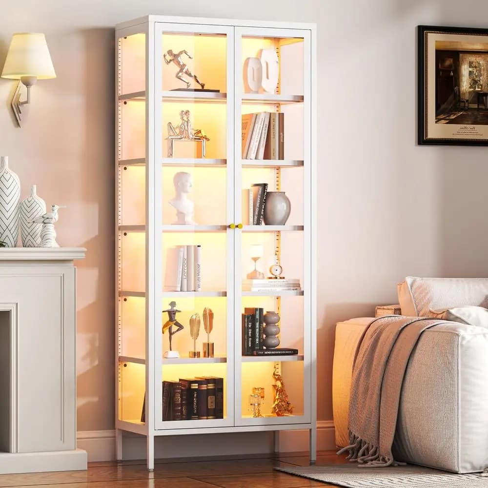 Vetrina a 6 Ripiani in Vetro con Illuminazione RGB e Ripiani Regolabili per Oggetti da Collezione