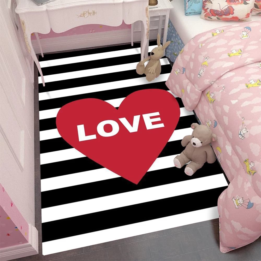 Fashion Black and White Striped Heart Patterned Carpet Bedside Non-slip Mat for The Bedroom Living Room Rug Mother's Day Gift