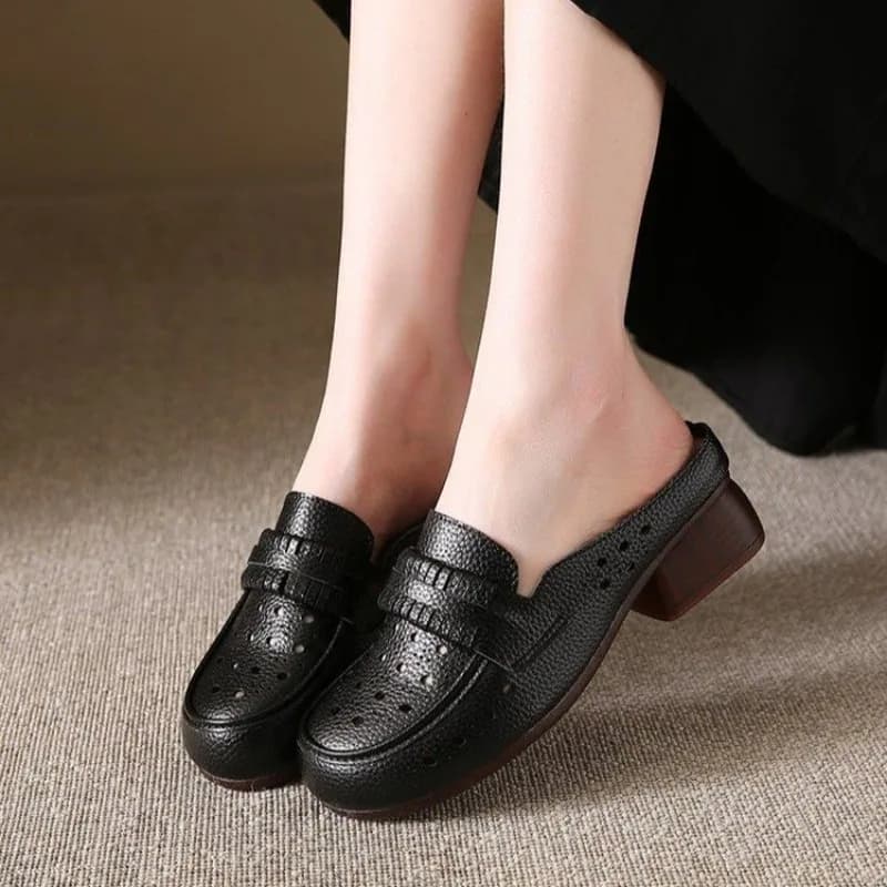 Mocassini da Donna, Sabot, Punta Tonda, Tacco Grosso, Tomaia Testurizzata, Dettagli Perforati al Laser con Nappe, Scarpe Professionali da Lavoro