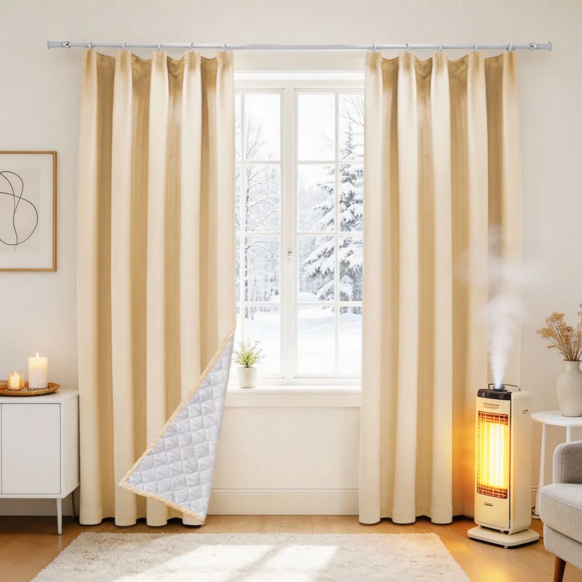 Cream Beige Thermal Quilted Door Curtain 2 Panels, 4-Prong Hook Full Blackout Heat Insulated Window Door Drapes