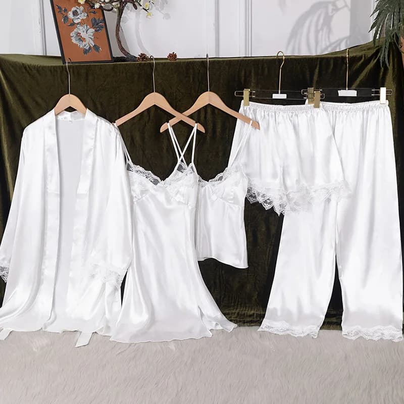 Women's Solid Color 5 Piece Pajamas Set Nightwear Spring New Satin House Clothing Dress Kimono Trousers Bathrobe Night Shirt pyjamas