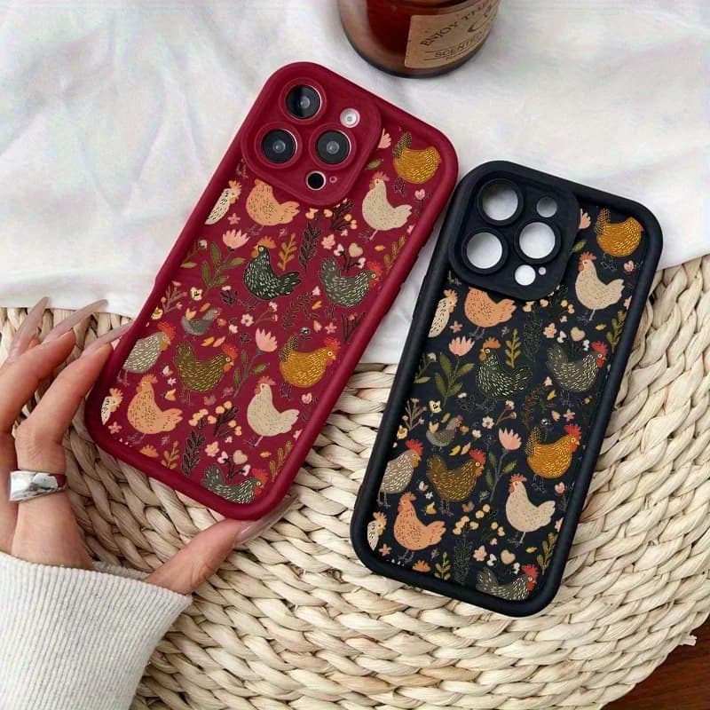 Chicken and flower pattern phone case suitable for iPhone 17 16 15 14 13 12 11 Pro/Max/Plus anti drop and shockproof back cover