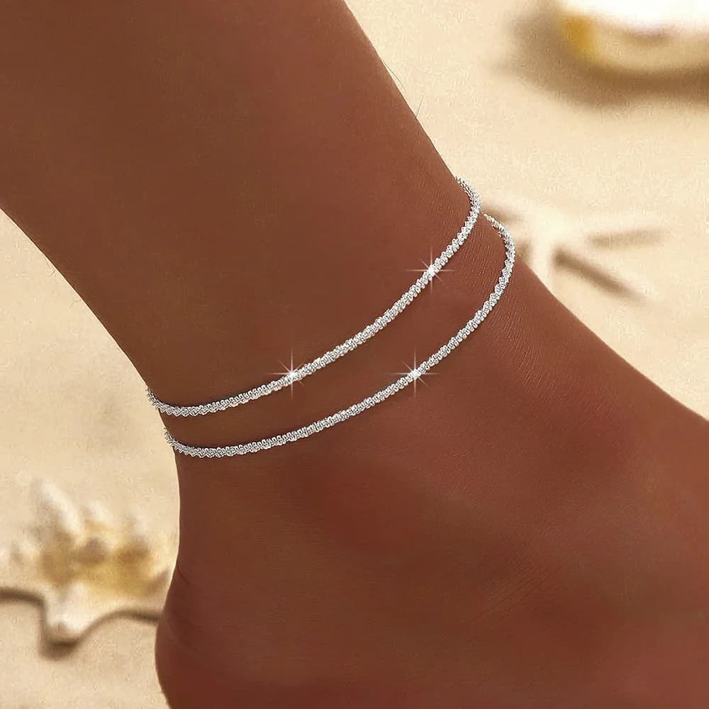 1/2 Piece Polished Sparkling Neckline Simple Color Silver for Women, Elegant Copper Jewelry, Female Beach Bracelet to Wear on the Foot