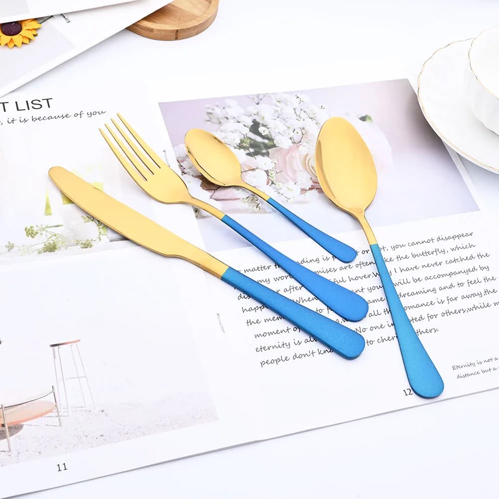 Mirror cutlery set of 4 pieces Blue gold tableware Stainless steel cutlery forchette Cucchiaio Argenteria Kitchen set