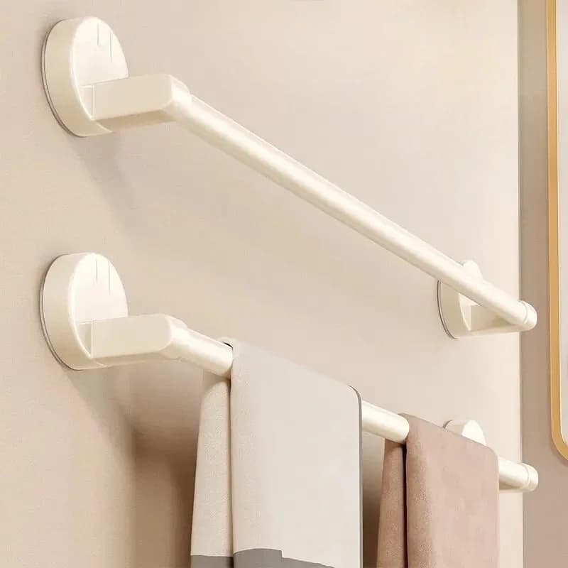 Cream White Space Aluminum Towel Rack, Wall Mount Adhesive Bathroom Towel Bar, No Drill Suction Rod Holder for Kitchen Toilet