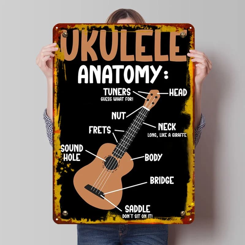 Ukulele Anatomy Sign Chitarra e accordi Poster Decorazione Decorazioni per la casa Targhe in metallo personalizzate per la decorazione della parete della stanza