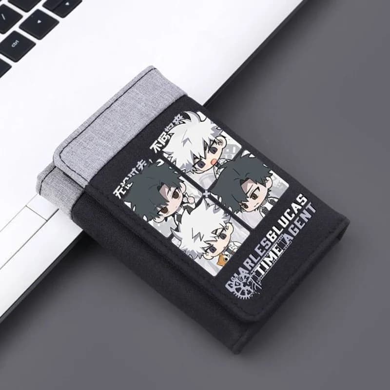 Chibi Portafoglio anime in tela con collegamento in stile cinese per studentessa, ragazza, ragazzo, mini portamonete con blocco RFID triplo, fermasoldi corto