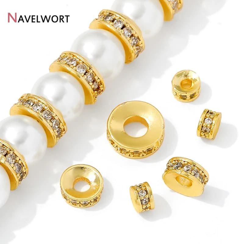 14K/18K gold plated brass flat spacers with zircons, for the creation of fashionable bracelets, accessories and jewelry components.