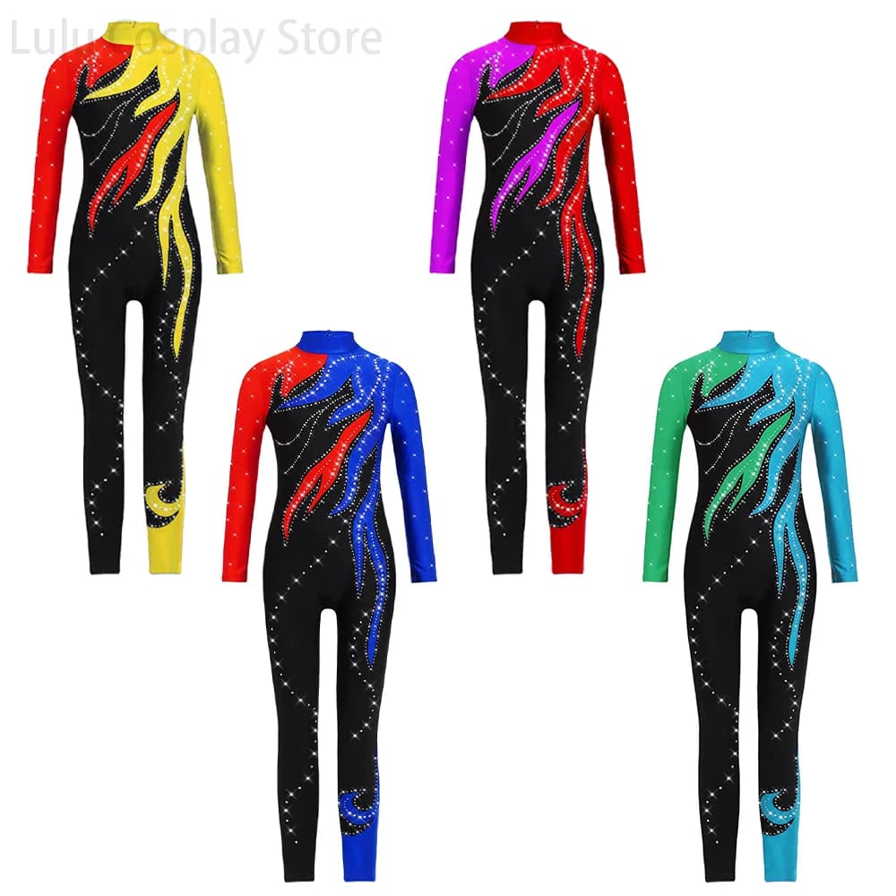 Rhythmic Gymnastics Leotards Figure Skating Tights Performance Costume Long Sleeves Adult Shiny Rhinestones Workout Jumpsuit