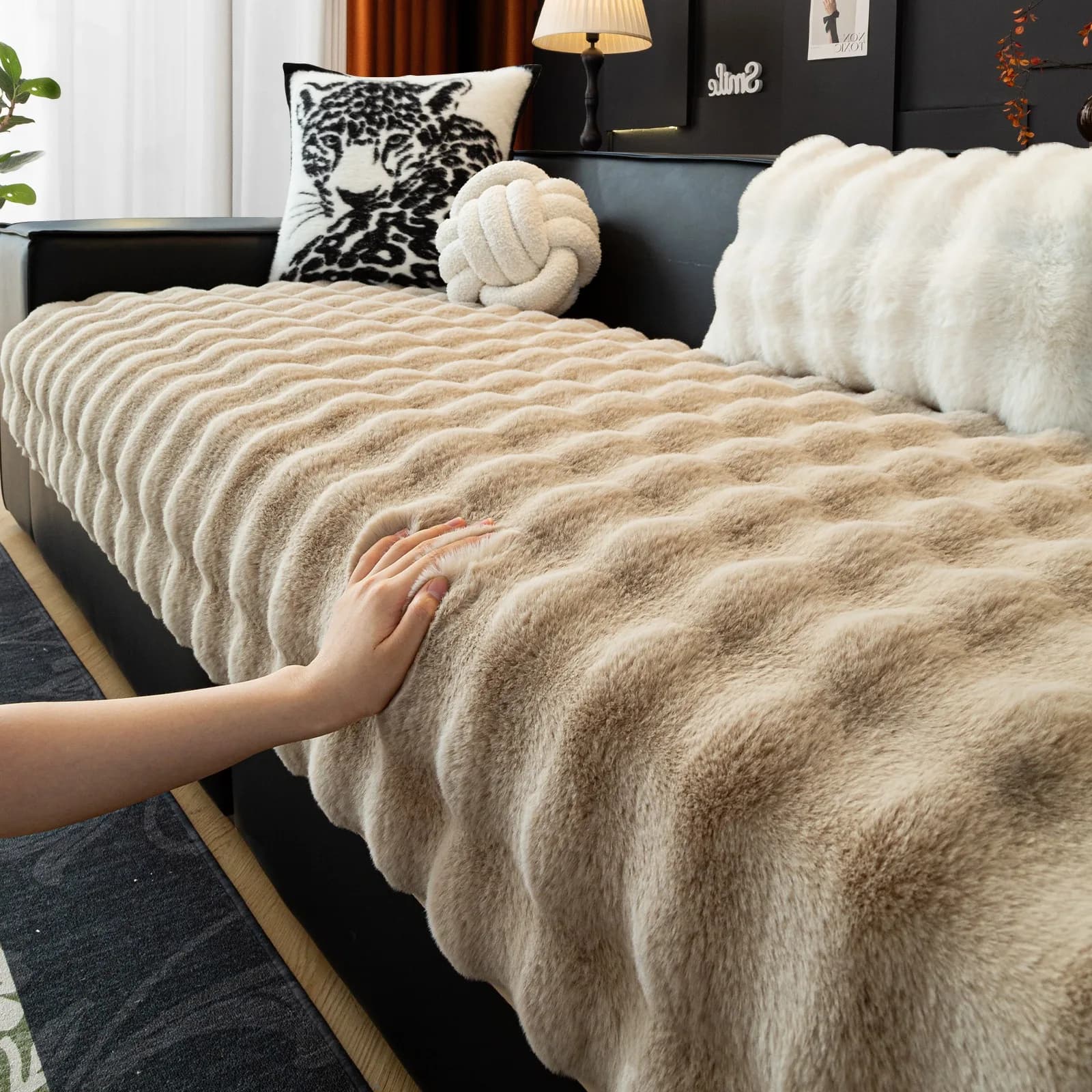 Fodera per divano in peluche calda con bolle di pelliccia di coniglio finta per l'inverno Asciugamano per divano in morbida pelliccia imitazione Fodera per divano universale Decor