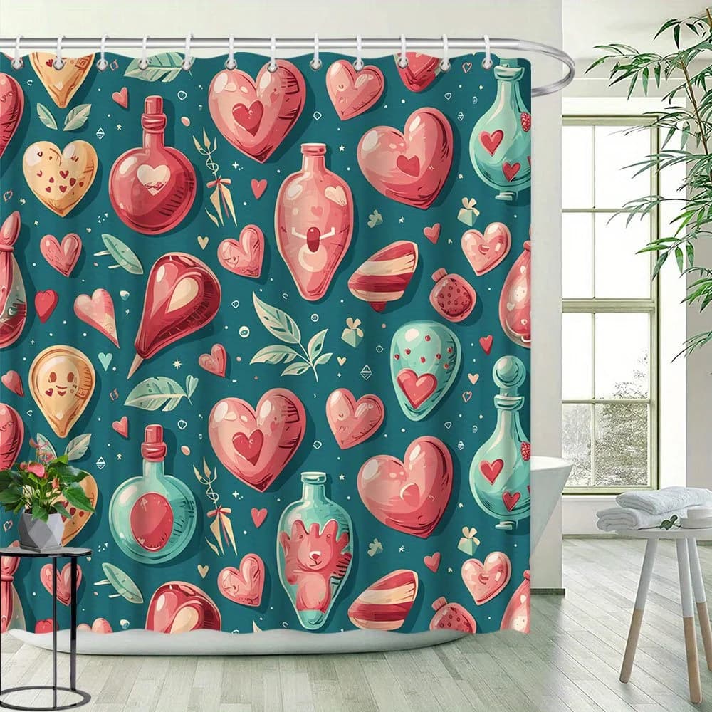 1pc San Valentino Tenda da doccia Cuore d'amore e bottiglia Modello creativo Decorazione del bagno Il tessuto in poliestere contiene 12 ganci