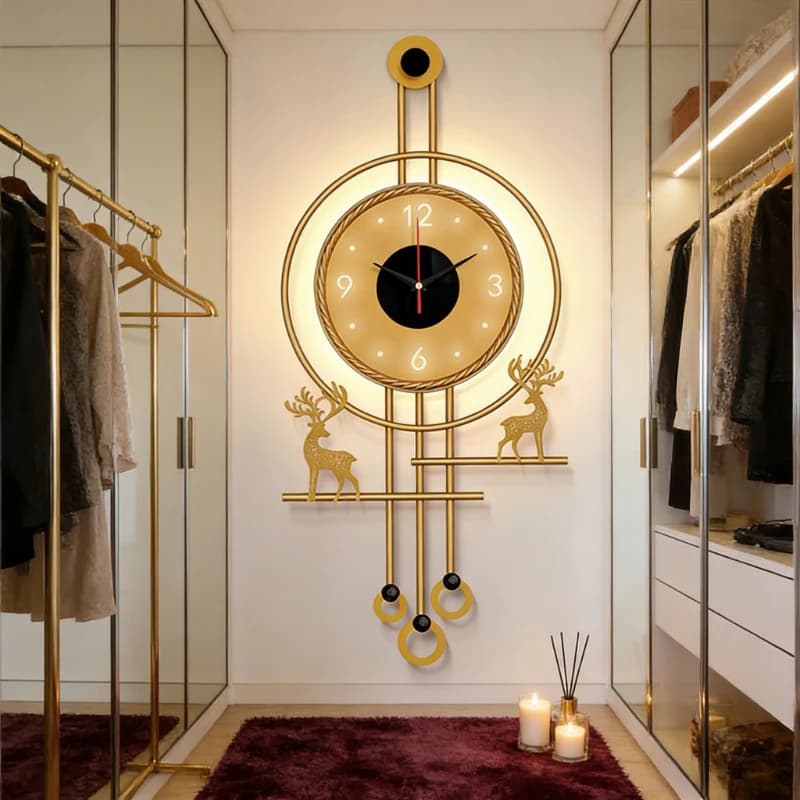 Sfondo TV moderno Orologio da parete muto da parete Decorazione con griglia in legno con luci Orologio sospeso Orologio da ristorante Decorazione della casa