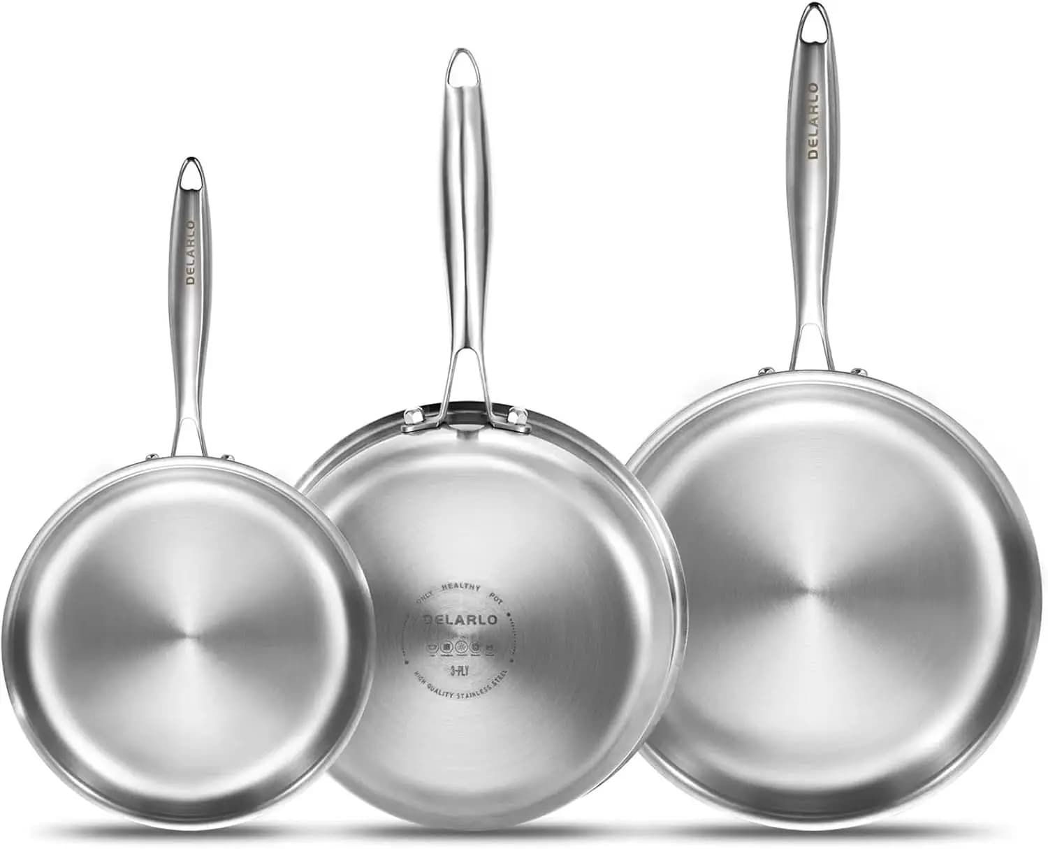 Set of Tri-Ply Stainless Steel Tiles, Measures 8"/10"/12", Quick Heating with Ergonomic Handles for All Types of Stoves
