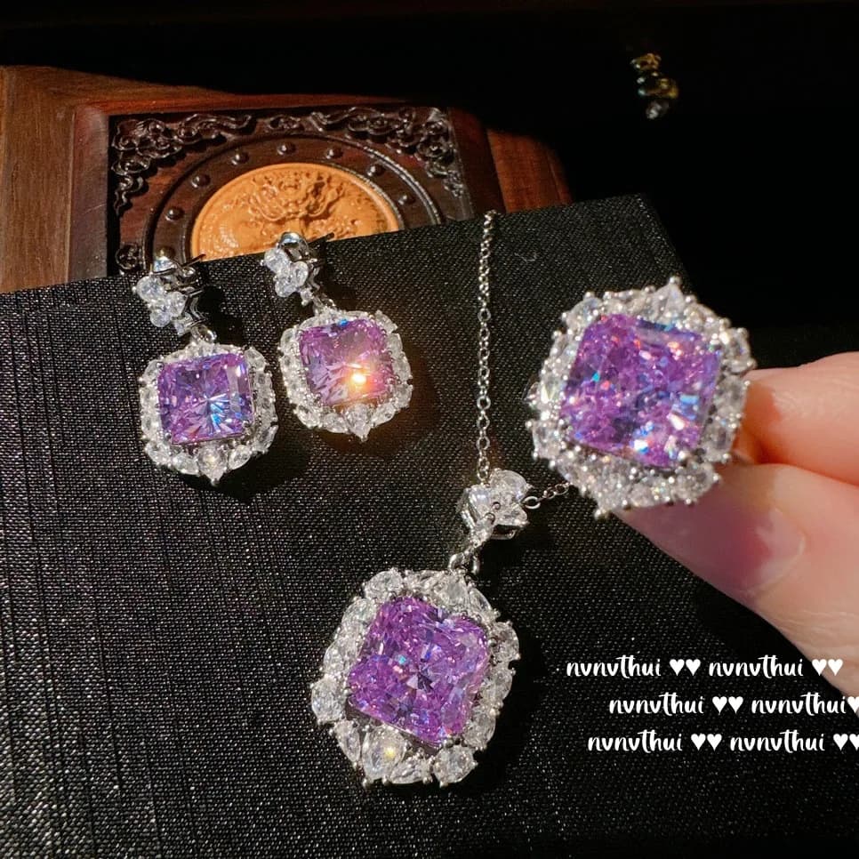 Sparkling Square Amethyst Crystal Jewelry Sets Lady Exquisite Luxury White Gold Wedding Engagement Banquet Ring/Earring/Necklace