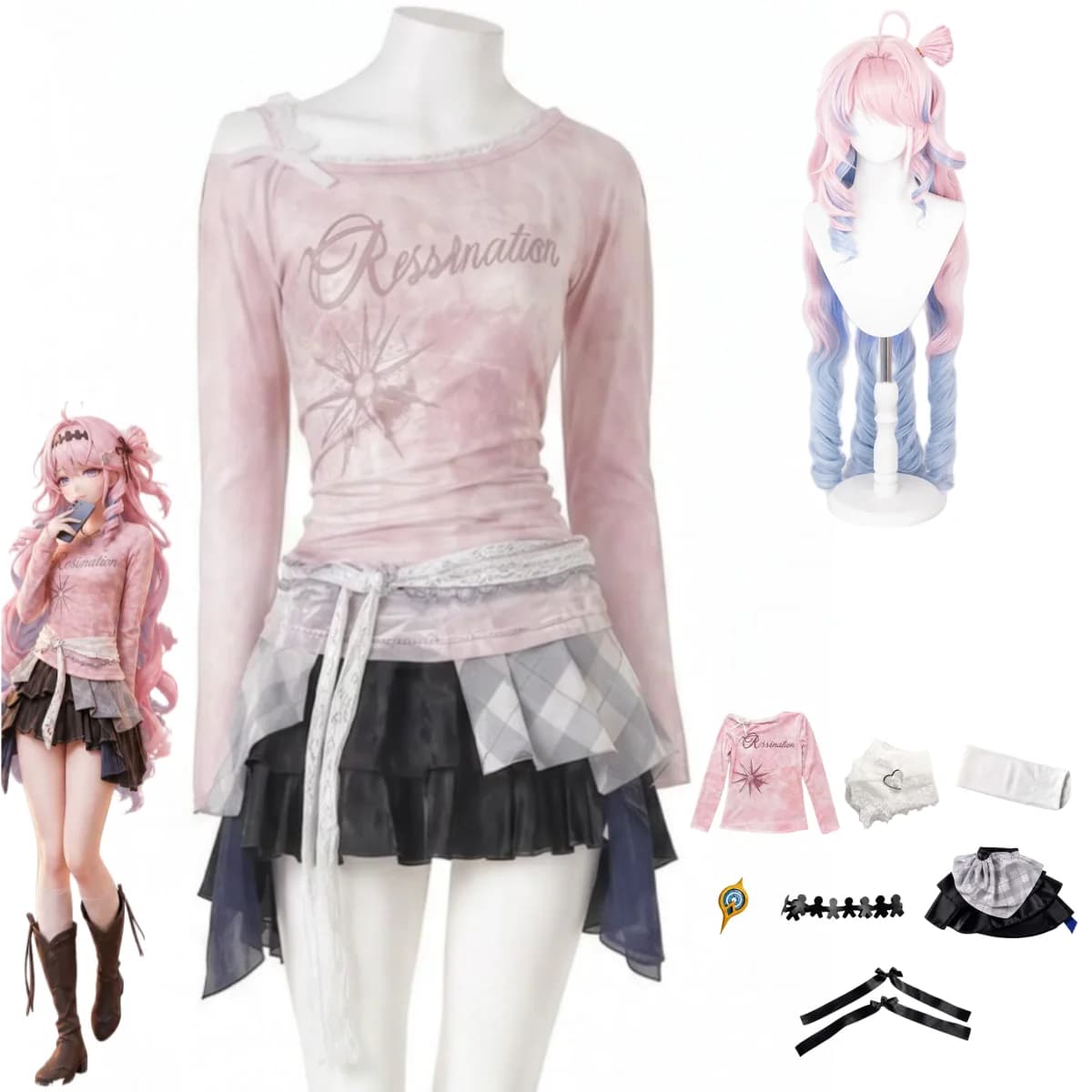 Game Wuthering Waves Denia Cosplay Costume Daily Pink Sloping Shoulders Long Sleeves Skirt Wig Woman Sexy Cute Carnival Suit