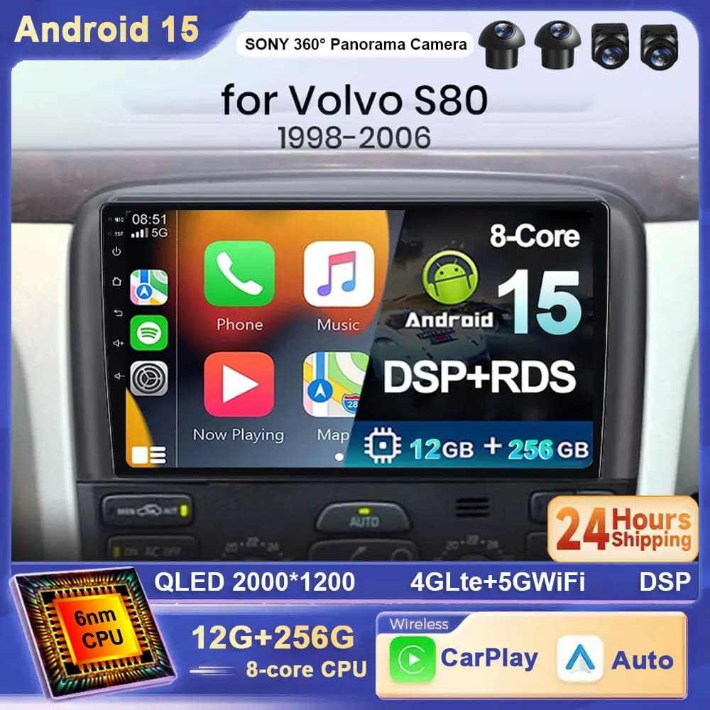 For VOLVO S80 1998-2006 Auto Android 15 Car multimedia player GPS navigation CarPlay 4G WiFi Bluetooth RDS Autoradio BT DSP