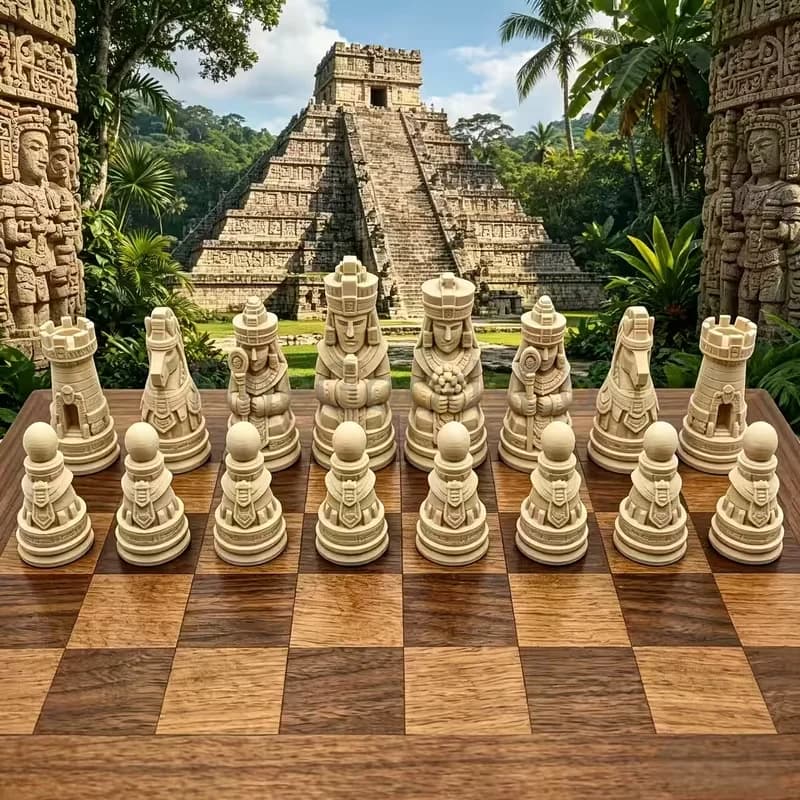 16 Pcs Ancient Lost Mayan Empire Chess Set - Detailed Sculpted Chess Desktop Decorative Ornaments