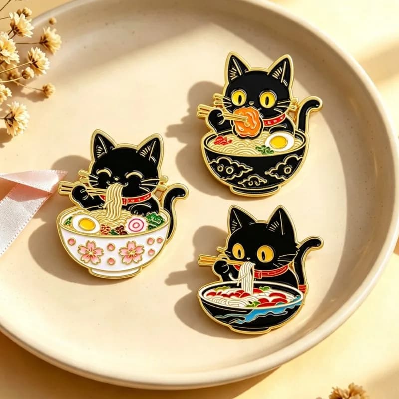 Cute Black Cat Eating Noodles Enamel Pin Lovely Animal Lapel Badge Backpack Clothes Decor Metal Brooch Daily Jewelry Gifts