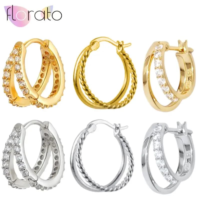 925 Sterling Silver Needle Exquisite Double-Layer Zircon Hoop Earrings for Women Vintage Twist Metal Circle Earrings INS Jewelry
