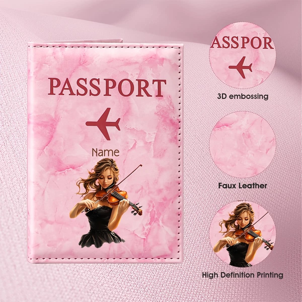 Personalized Custom Name European Classic Violinist Illustration Design PU Passport Holder, Featuring an Elegant Musical Theme