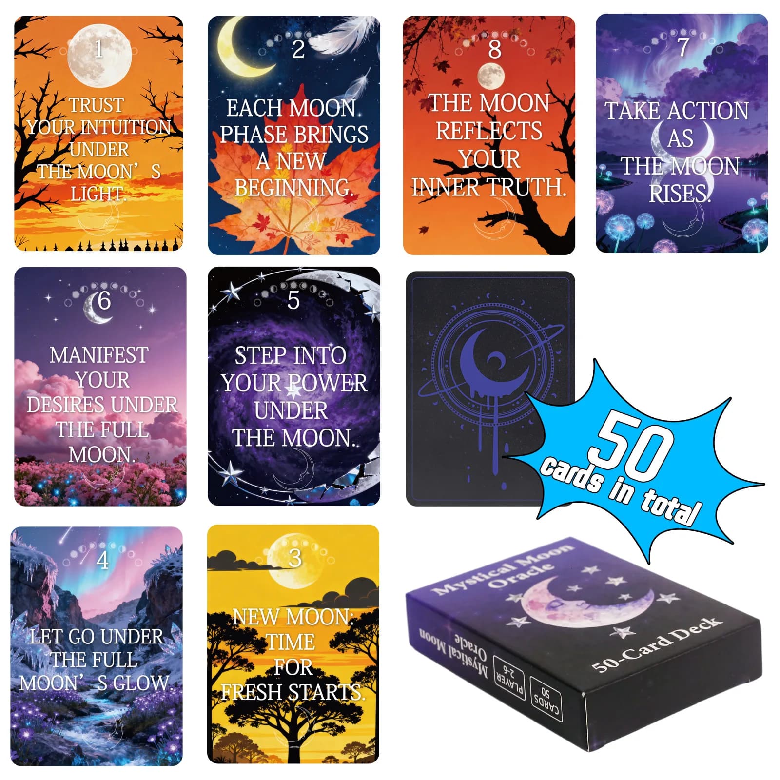 Mazzo di Carte Oracolo Luna Mistica 9*6,7 cm - 50 Carte per Guida Spirituale, Manifestazione e Rituali delle Fasi Lunari