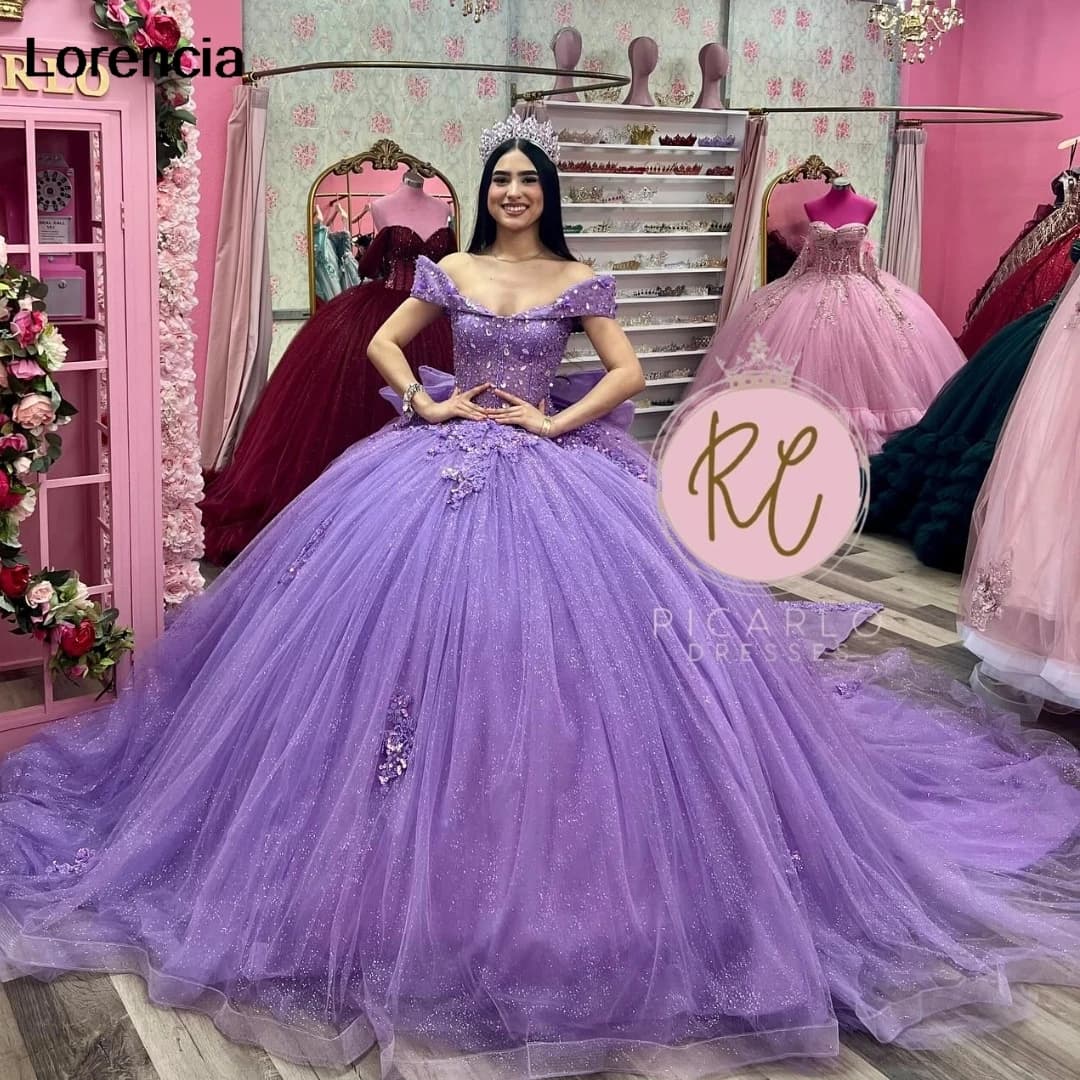 Abito Quinceanera lavanda personalizzato Abito da ballo Applique in pizzo Cristalli con perline Corsetto con fiocco Dolce 16 Abiti da 15 anni YQD846