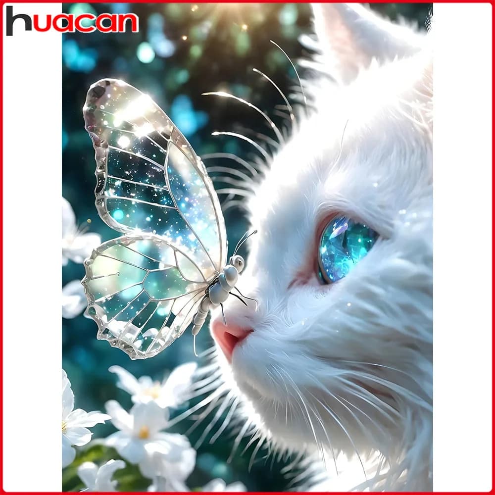 Huacan Kit Completo di Pittura Diamantata con Gatto e Farfalla, Ricamo Diamantato con Animali e Fiori, Immagine con Strass