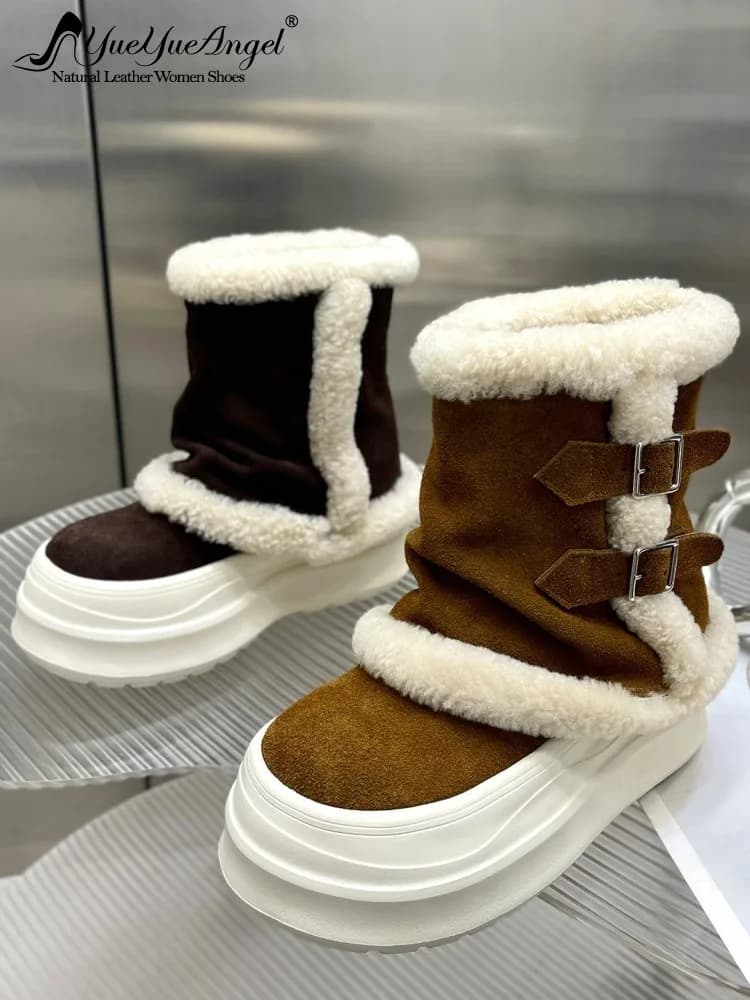 Stivaletti caldi con punta tonda in vera pelle femminile per il tempo libero Calzature con plateau e cinturino con fibbia in peluche scamosciata di mucca tinta unita