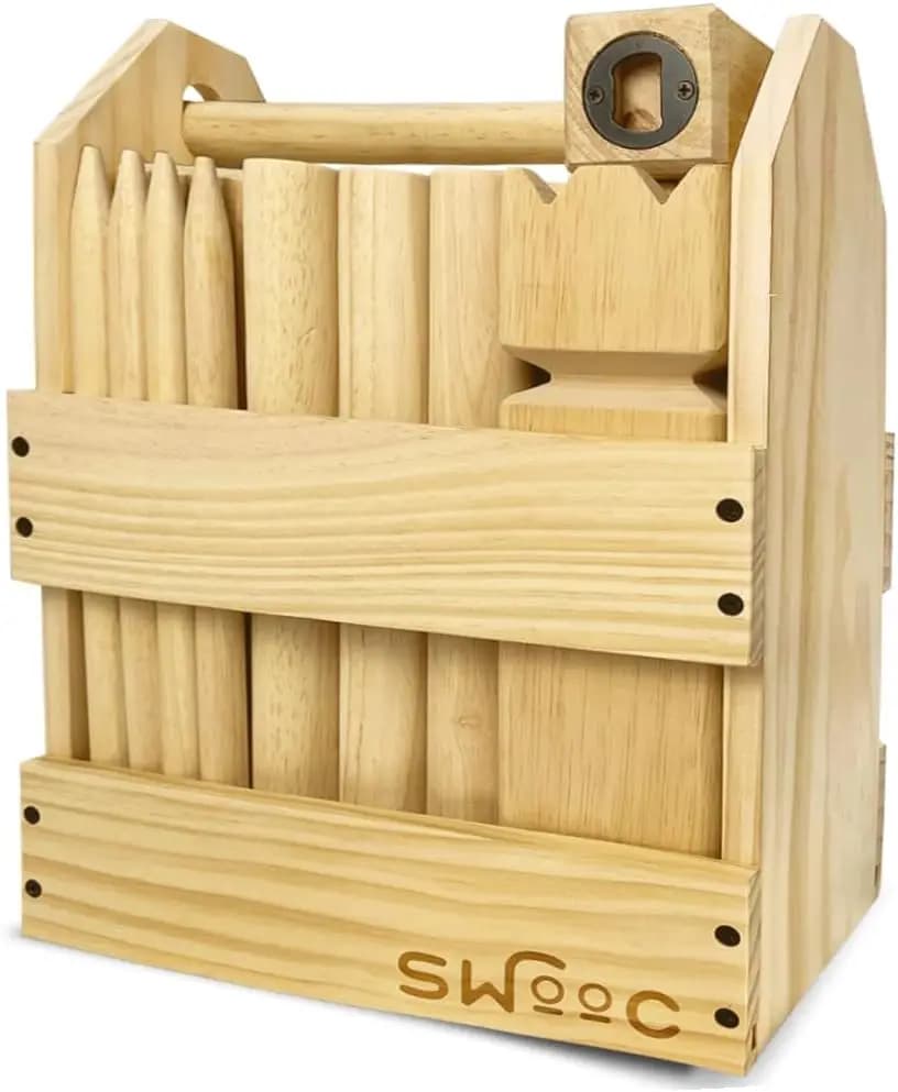 Set da gioco Kubb in legno pregiato con cassa in legno - Scacchi vichinghi da esterno per adulti e bambini