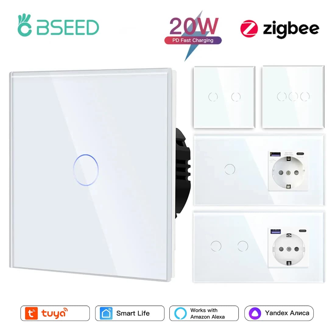 BSEED Zigbee Wall Touch Switch 1/2/3Gang Sensor interruttori della luce Tuya Smart Life Alexa App Plus presa ue con spina USB 20W di tipo C