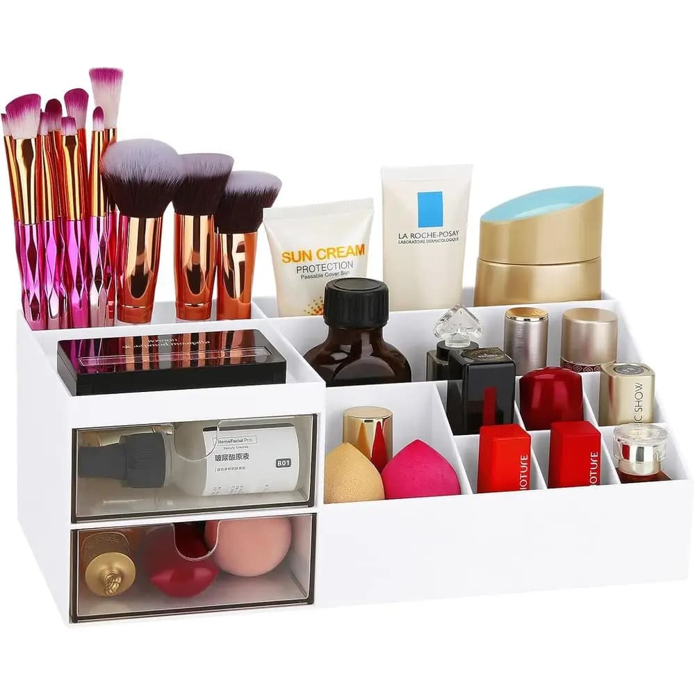 Desk Organizer Vanity Box Makeup Storage - Eyes, Skin Care, Concealers, Powders, Nail Polish (White)
