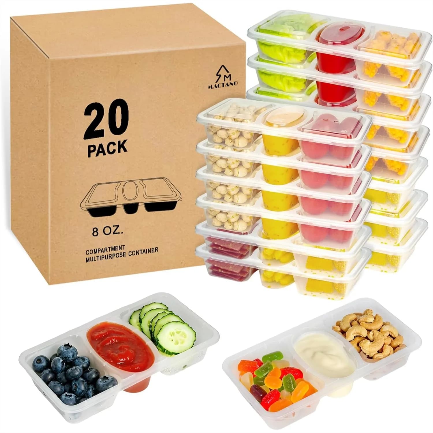 Contenitori per Snack a 3 Scomparti da 8 oz con Coperchi, Confezione da 20 Scatole Bento Riutilizzabili per Preparazione Pasti, Picnic e Viaggi