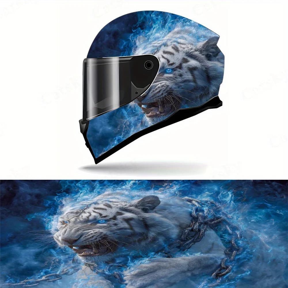 Adesivo in vinile per casco integrale con tigre bianca, occhi azzurri fiamma, adesivo artistico in PVC resistente, adatto per caschi da corsa motociclisti, caschi