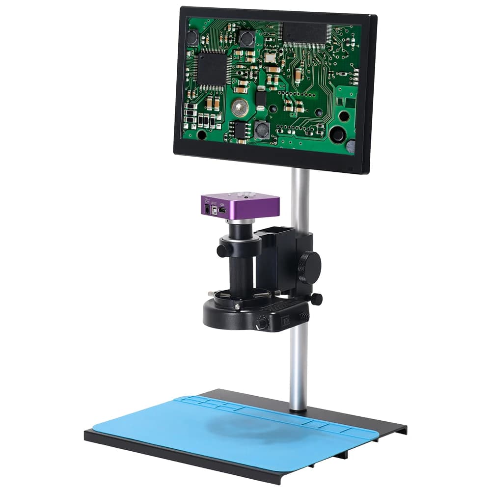 Microscopio elettronico con obiettivo con attacco C da 11,6 pollici LCD 51MP 150X con supporto in metallo Strumenti di riparazione professionali Microscopio video