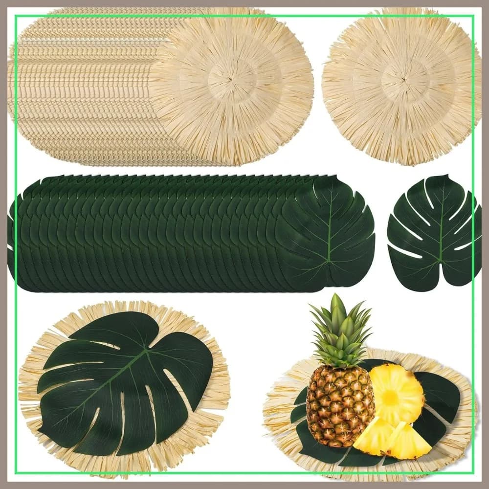 72 Tovagliette Luau e Tovagliette Rotonde con Frange, Sottopiatti Tropicali a Foglia di Palma, Forniture per Feste Hawaiane Estive